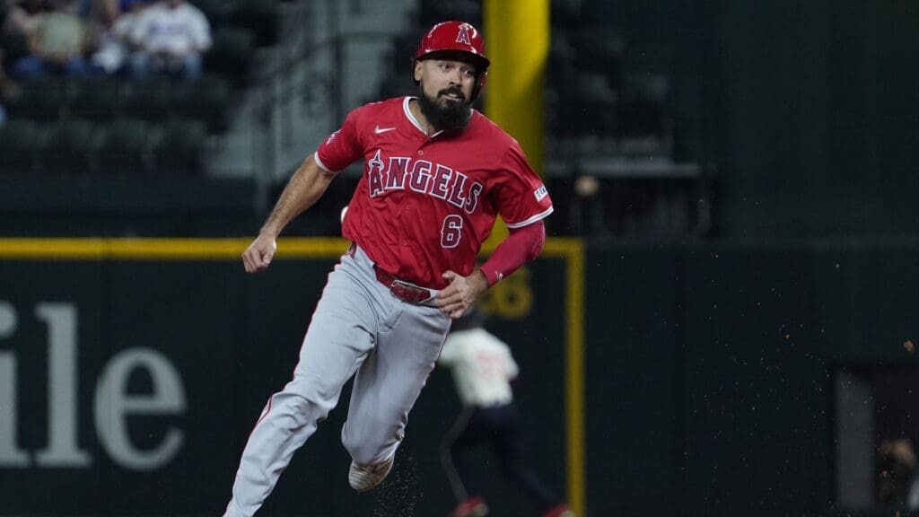 Sep 6, 2024; Arlington, Texas, USA; Los Angeles Angels third baseman Anthony Rendon (6) runs to third base during the sixth inning against the Texas Rangers at Globe Life Field.