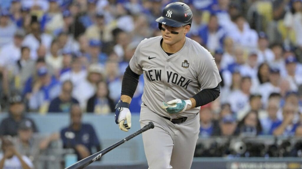 Oct 26, 2024; Los Angeles, California, USA; New York Yankees first baseman Anthony Rizzo (48) walks in the second inning against the Los Angeles Dodgers during game two of the 2024 MLB World Series at Dodger Stadium.
