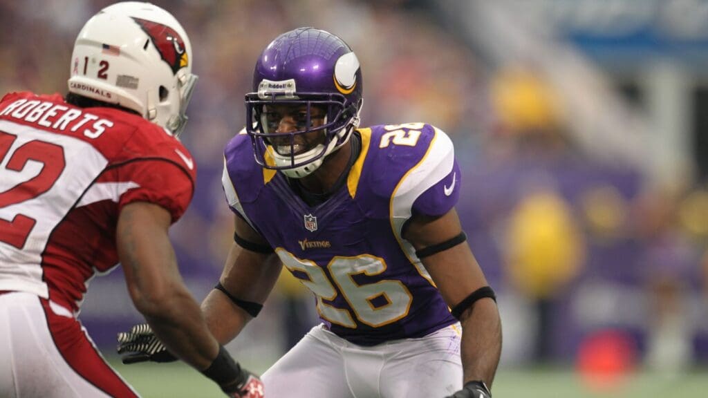 Oct 21, 2012; Minneapolis, MN, USA; Minnesota Vikings defensive back Antoine Winfield (26) against the Arizona Cardinals at the Metrodome. The Vikings defeated the Cardinals 21-14.