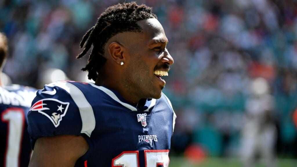 Sep 15, 2019; Miami Gardens, FL, USA; New England Patriots wide receiver Antonio Brown (17) looks on during the second half against the Miami Dolphins at Hard Rock Stadium.