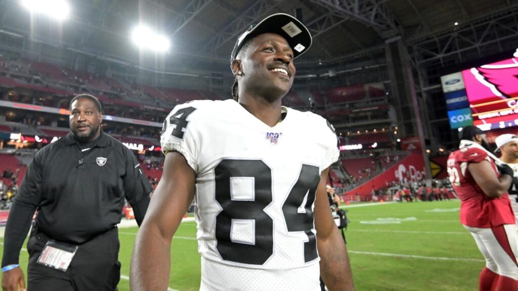 Aug 15, 2019; Glendale, AZ, USA; Oakland Raiders wide receiver Antonio Brown (84) walks off the field after an NFL football game against the Arizona Cardinals. The Raiders defeated the Cardinals 33-26.