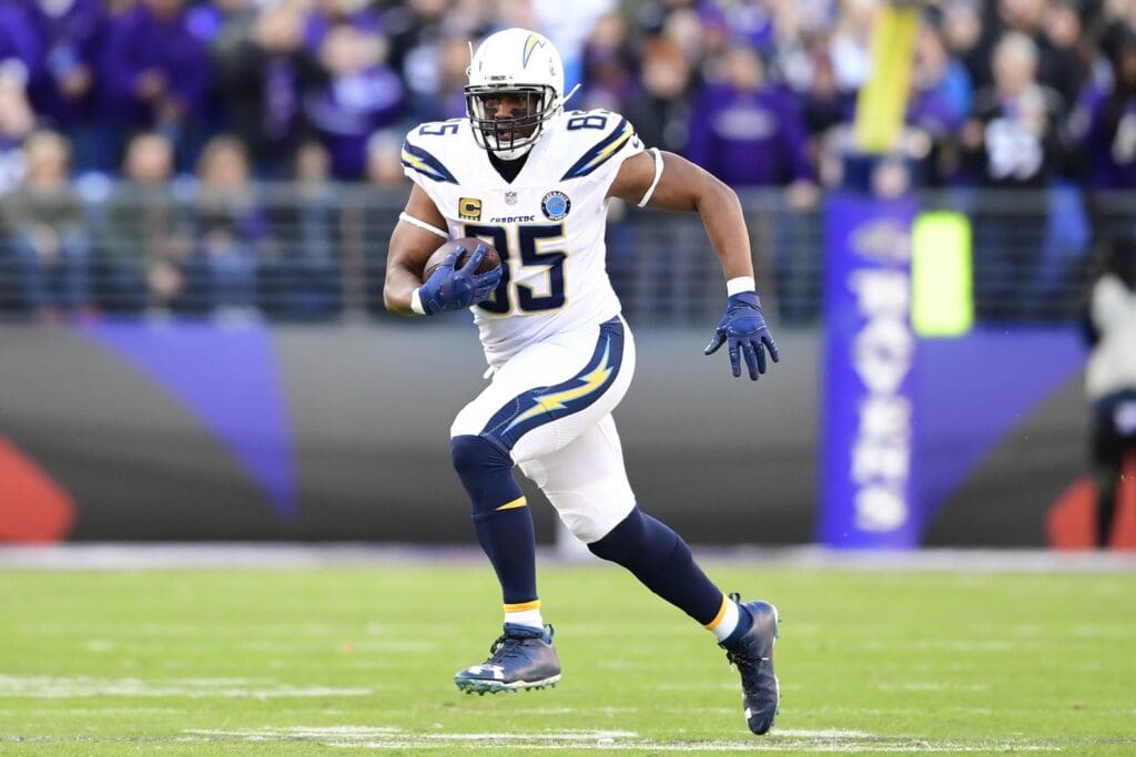Jan 6, 2019; Baltimore, MD, USA; Los Angeles Chargers tight end Antonio Gates (85) runs after the catch during the third quarter against the Baltimore Ravens in a AFC Wild Card playoff football game at M&T Bank Stadium.
