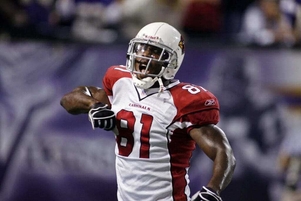 Nov 26, 2006; Minneapolis, Minnesota, USA: Arizona Cardinals wide receiver #81 Anquan Boldin celebrates his 9-yard touchdown reception against the Minnesota Vikings in the fourth quarter at the Metrodome. Vikings win 31-26.