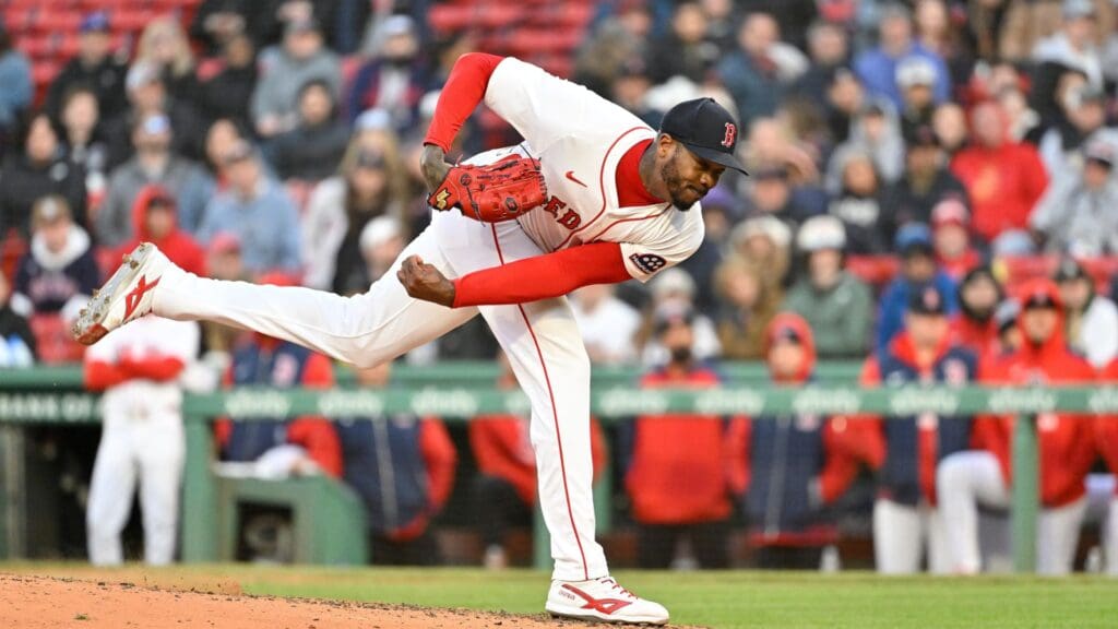 Apr 10, 2025; Boston, Massachusetts, USA; Boston Red Sox relief pitcher Aroldis Chapman (44) pitches against the Toronto Blue Jays during the ninth inning at Fenway Park.