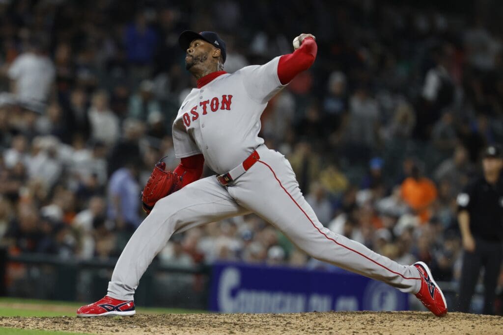 May 14, 2025; Detroit, Michigan, USA; Boston Red Sox pitcher Aroldis Chapman (44) pitches in the ninth inning against the Detroit Tigers at Comerica Park.