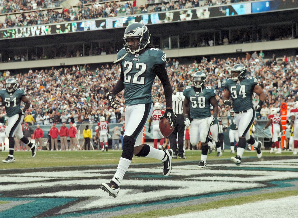 November 13, 2011; Philadelphia, PA USA; Philadelphia Eagles cornerback Asante Samuel (22) celebrates his 20 yard interception return for a touchdown in the 2nd quarter of game against the Arizona Cardinals at Lincoln Financial Field.