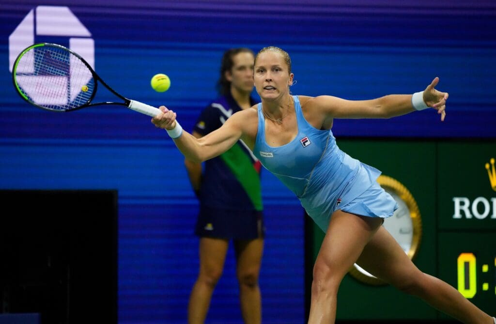 Sep 4, 2021; Flushing, NY, USA; Shelby Rogers of the USA hits to Ashleigh Barty of Australia on day six of the 2021 U.S. Open tennis tournament at USTA Billie Jean King National Tennis Center. Mandatory Credit: Robert Deutsch-Imagn Images