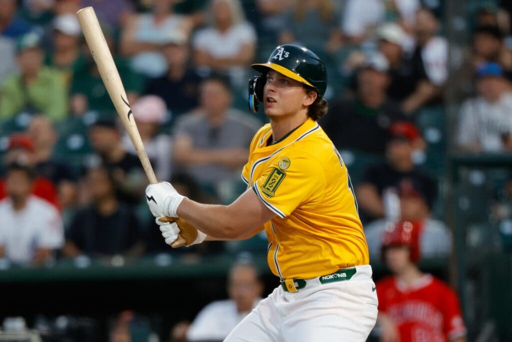 May 20, 2025; West Sacramento, California, USA; Athletics first baseman Nick Kurtz (16) hits a two run home run during the fourth inning against Los Angeles Angels pitcher Kyle Hendricks (28) (not pictured) at Sutter Health Park.