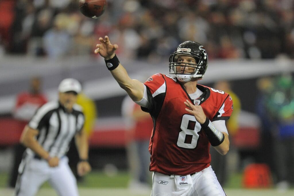 Dec 6, 2009; Atlanta, GA, USA; Atlanta Falcons quarterback Chris Redman (8) throws a pass against the Philadelphia Eagles in the third quarter at the Georgia Dome. The Eagles defeated the Falcons 34-7.