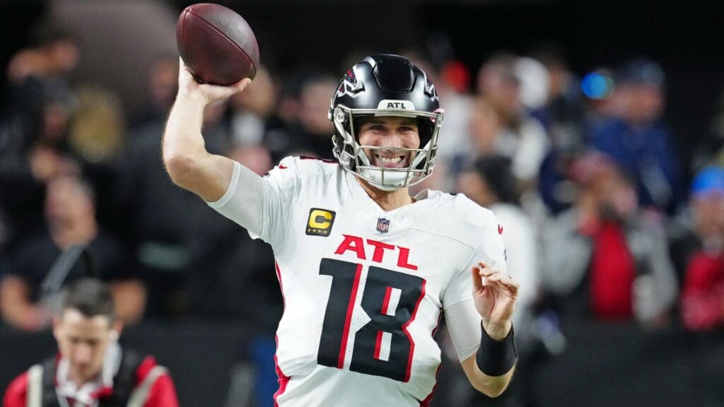 Dec 16, 2024; Paradise, Nevada, USA; Atlanta Falcons quarterback Kirk Cousins (18) warms up before a game against the Las Vegas Raiders at Allegiant Stadium.