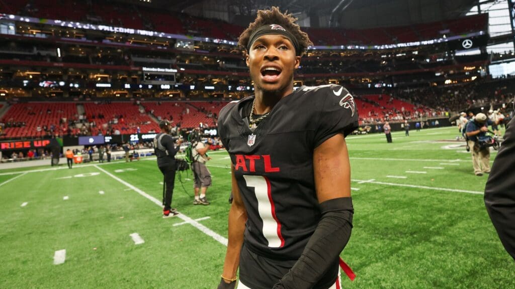 Nov 3, 2024; Atlanta, Georgia, USA; Atlanta Falcons wide receiver Darnell Mooney (1) walks off the field after a victory over the Dallas Cowboys at Mercedes-Benz Stadium.