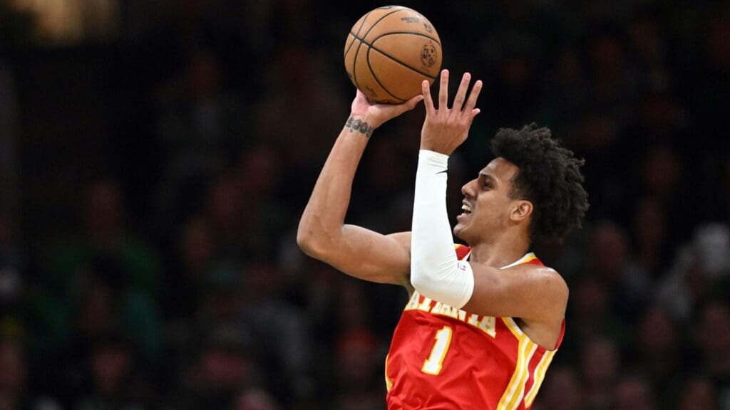 Jan 18, 2025; Boston, Massachusetts, USA; Atlanta Hawks forward Jalen Johnson (1) attempts a basket against the Boston Celtics during the third quarter at the TD Garden.