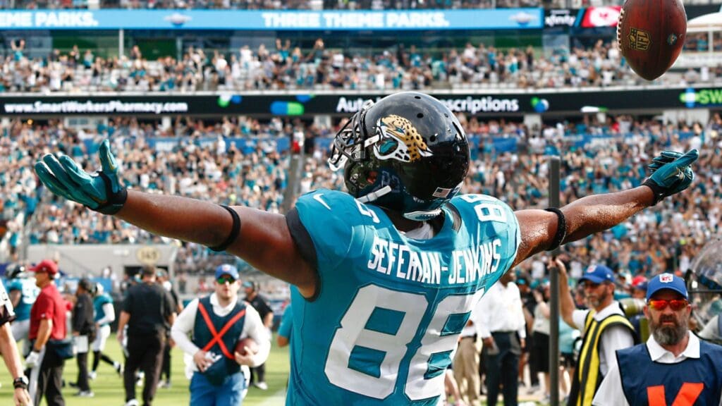 Sep 16, 2018; Jacksonville, FL, USA; Jacksonville Jaguars tight end Austin Seferian-Jenkins (88) celebrates a touchdown during the second quarter against the New England Patriots at TIAA Bank Field.