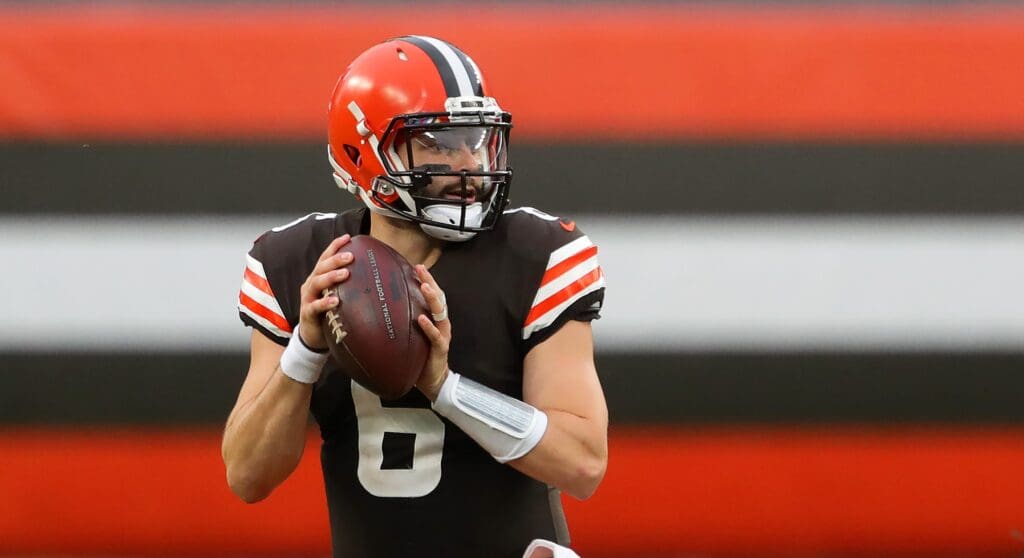 Cleveland Browns quarterback Baker Mayfield (6) in action during the first half of an NFL football game against the Indianapolis Colts, Sunday, Oct. 11, 2020, in Cleveland, Ohio. [Jeff Lange/Beacon Journal] Baker Cover 2