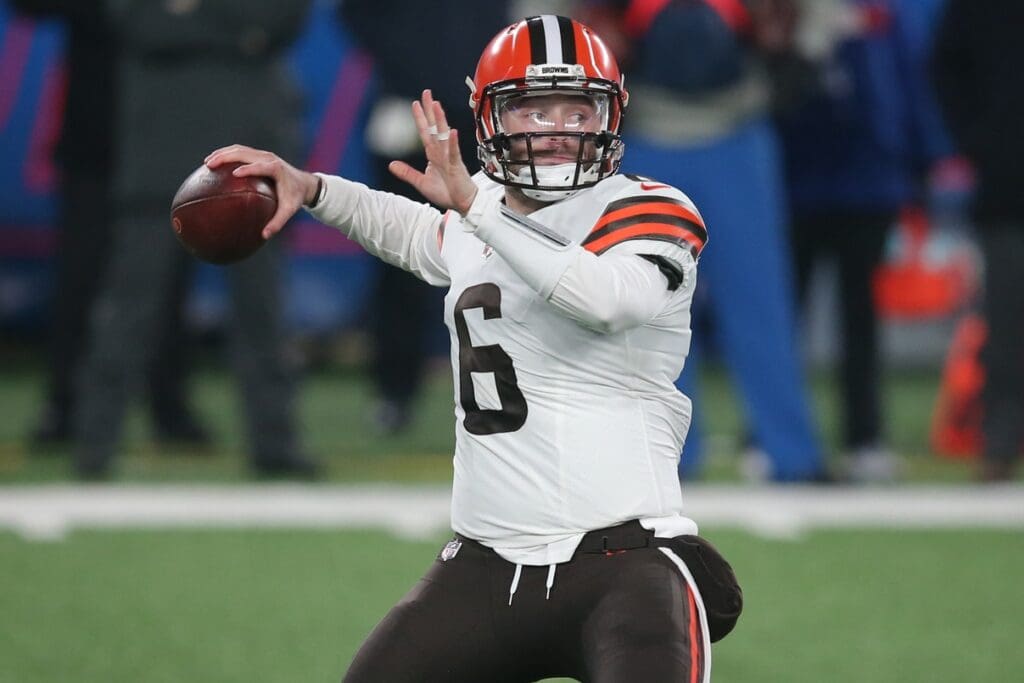 Dec 20, 2020; East Rutherford, New Jersey, USA; Cleveland Browns quarterback Baker Mayfield (6) drops back to pass against the New York Giants during the first quarter at MetLife Stadium.