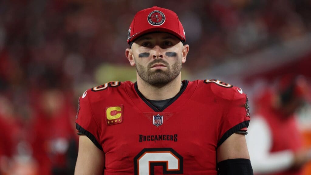 Jan 12, 2025; Tampa, Florida, USA; Tampa Bay Buccaneers quarterback Baker Mayfield (6) during the second quarter of a NFC wild card playoff against the Washington Commanders at Raymond James Stadium.
