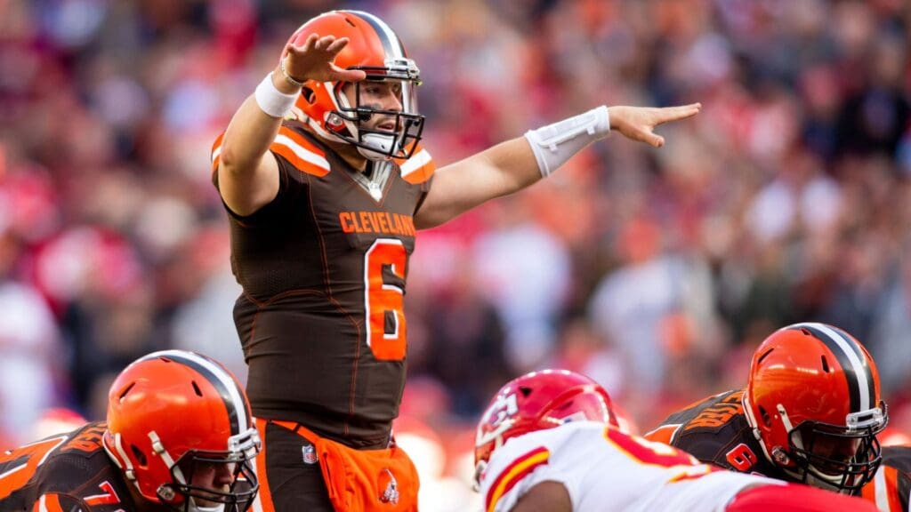 Nov 4, 2018; Cleveland, OH, USA; Cleveland Browns quarterback Baker Mayfield (6) signals to his players at the line of scrimmage against the Kansas City Chiefs during the second quarter at FirstEnergy Stadium.