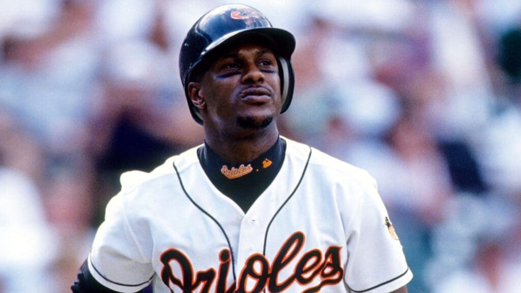 1998, Baltimore, MD, USA; FILE PHOTO; Baltimore Orioles right fielder Eric Davis in action on the mound at Camden Yards during the 1998 season.