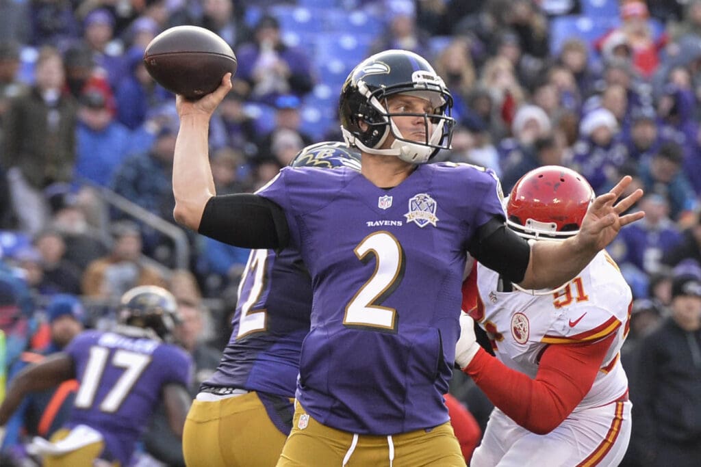 Dec 20, 2015; Baltimore, MD, USA; Baltimore Ravens quarterback Jimmy Clausen (2) throws during the third quarter against the Baltimore Ravens at M&T Bank Stadium. Kansas City Chiefs defeated Baltimore Ravens 34-14.