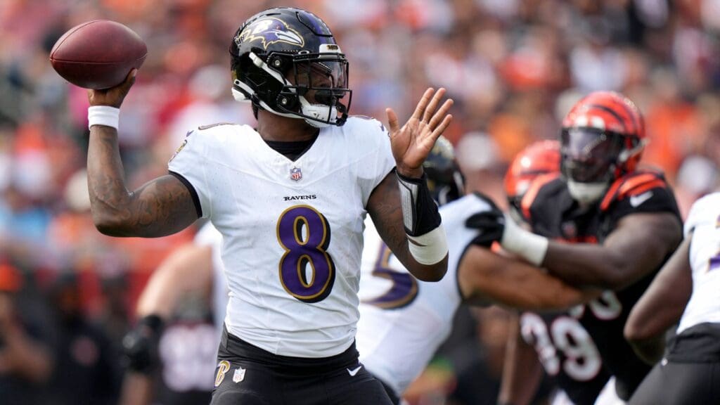 Sep 17, 2023; Cincinnati, Ohio, USA; Baltimore Ravens quarterback Lamar Jackson (8) throws in the first quarter against the Cincinnati Bengals at Paycor Stadium