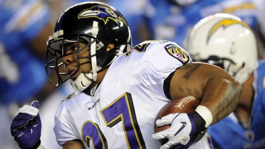 December 18, 2011; San Diego, CA, USA; Baltimore Ravens running back Ray Rice (27) runs for a short gain during the first quarter against the San Diego Chargers at Qualcomm Stadium.