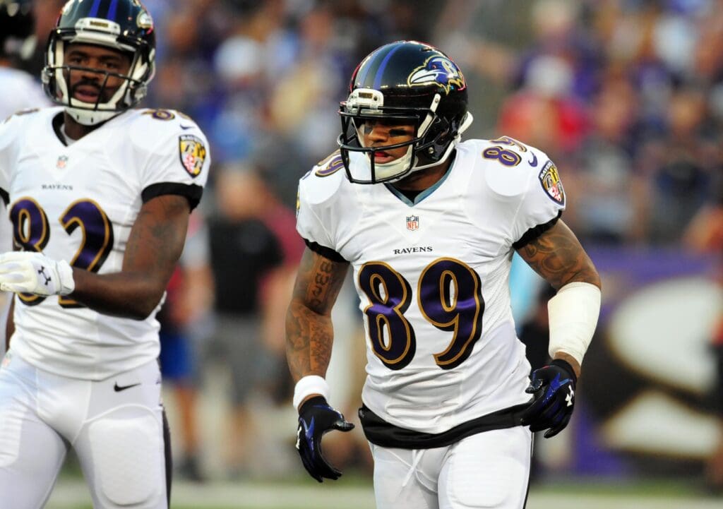 Aug 7, 2014; Baltimore, MD, USA; Baltimore Ravens wide receiver Steve Smith, Sr. (89) jogs to the line of scrimmage in the first quarter against the San Francisco 49ers at M&T Bank Stadium.