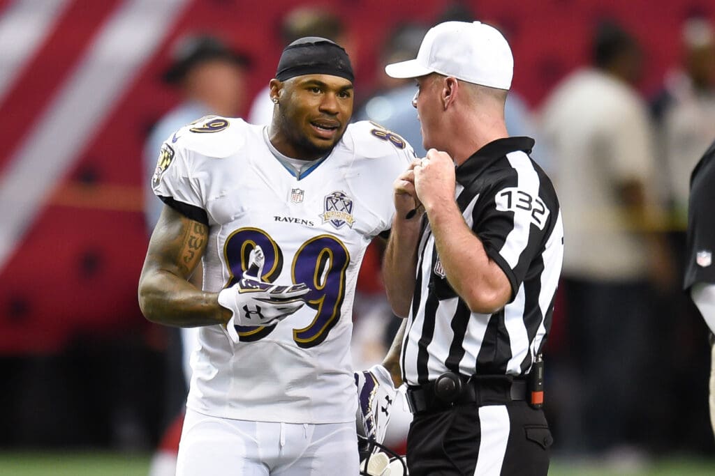 Sep 3, 2015; Atlanta, GA, USA; Baltimore Ravens wide receiver Steve Smith Sr. (89) talks to referee John Parry (132) prior to the game against the Atlanta Falcons at the Georgia Dome.