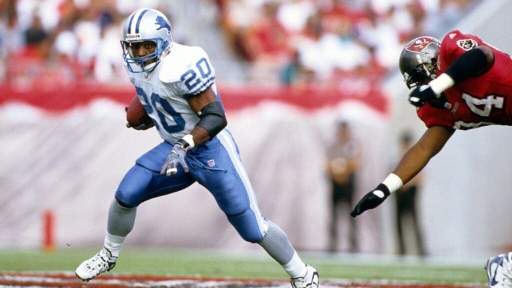 Nov 22, 1998; Tampa, FL, USA; FILE PHOTO; Detroit Lions running back Barry Sanders (20) in action against the Tampa Bay Buccaneers at Raymond James Stadium.