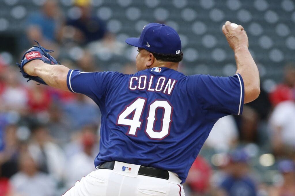 Sep 5, 2018; Arlington, TX, USA; Texas Rangers starting pitcher Bartolo Colon (40) throws a pitch in the first inning against the Los Angeles Angels at Globe Life Park in Arlington.