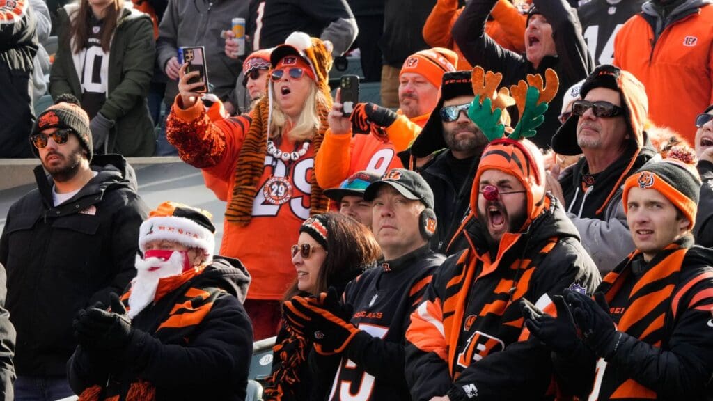 Bengals fans cheer prior to their game against the Browns at Paycor Stadium on Sunday December 22, 2024. Bengals lead the game at halftime with a score of 17-0.