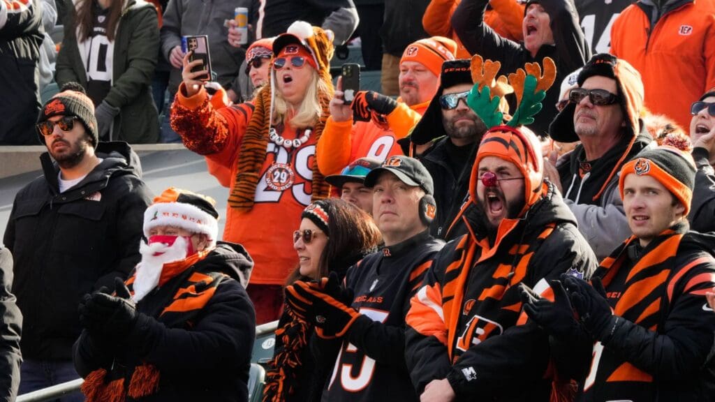 Bengals fans cheer prior to their game against the Browns at Paycor Stadium on Sunday December 22, 2024. Bengals lead the game at halftime with a score of 17-0.