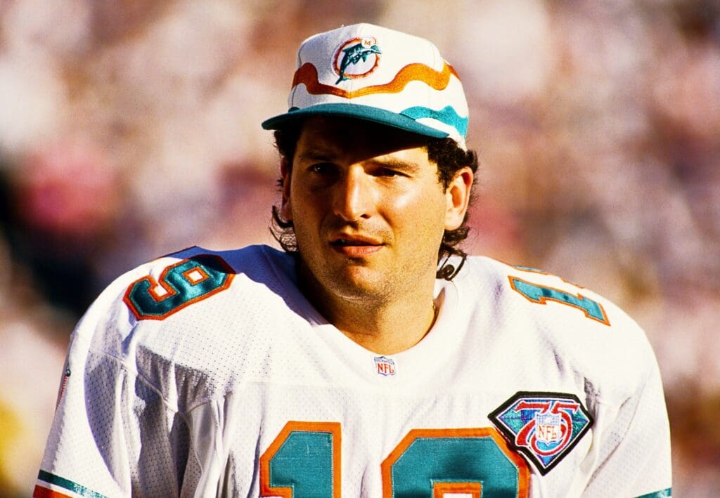 Jan 8, 1995; San Diego, CA, USA; FILE PHOTO; Miami Dolphins quarterback Bernie Kosar (19) on the sidelines against the San Diego Chargers during the 1994 AFC Divisional playoffs at Jack Murphy Stadium.