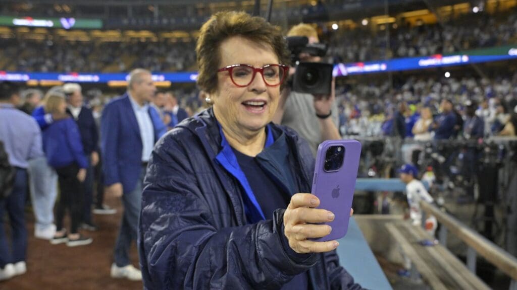 Oct 25, 2024; Los Angeles, California, USA; Former American tennis player Billie Jean King celebrates after the Los Angeles Dodgers defeat the New York Yankees during game one of the 2024 MLB World Series at Dodger Stadium.