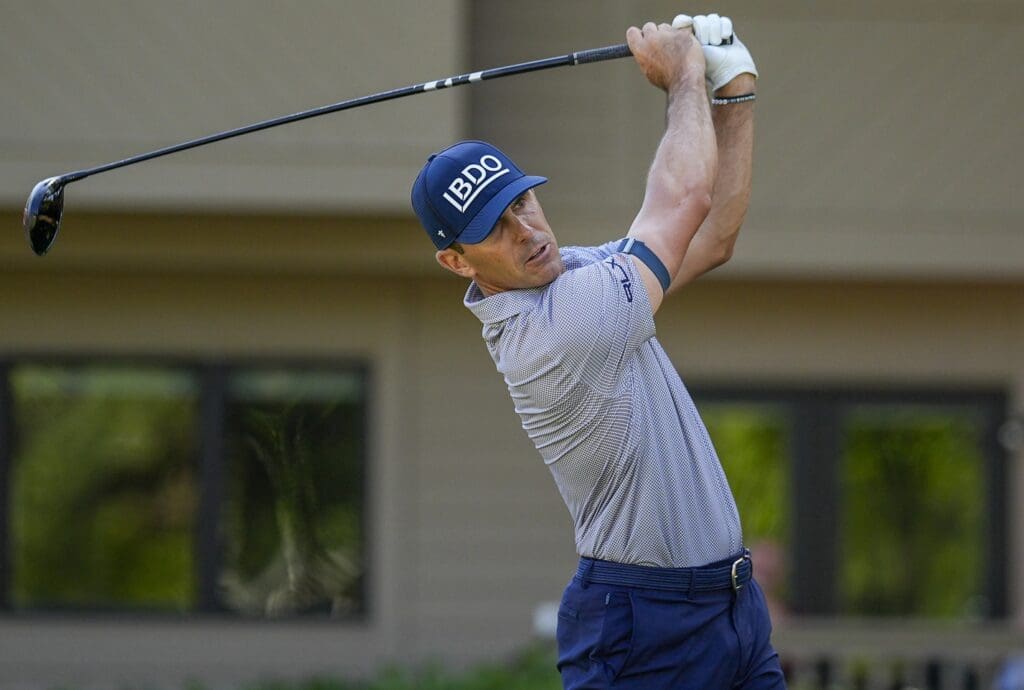 Apr 18, 2025; Hilton Head, South Carolina, USA; Billy Horschel tees off on three during the second round of the RBC Heritage golf tournament.