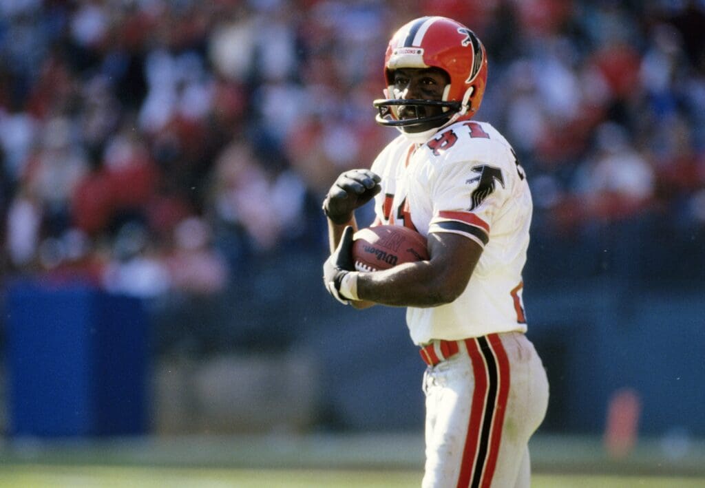 Oct 19, 1986; Atlanta, GA, USA; FILE PHOTO; Atlanta Falcons receiver Billy Johnson (81) carries the ball against the San Francisco 49ers at Fulton County Stadium. Mandatory Credit: Manny Rubio-USA TODAY Sports