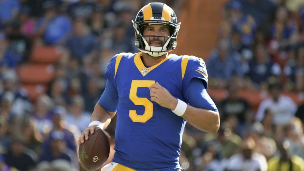 Aug 17, 2019; Honolulu, HI, USA; Los Angeles Rams quarterback Blake Bortles (5) during the first quarter against the Dallas Cowboys at Aloha Stadium.The Cowboys defeated the Rams 14-10.