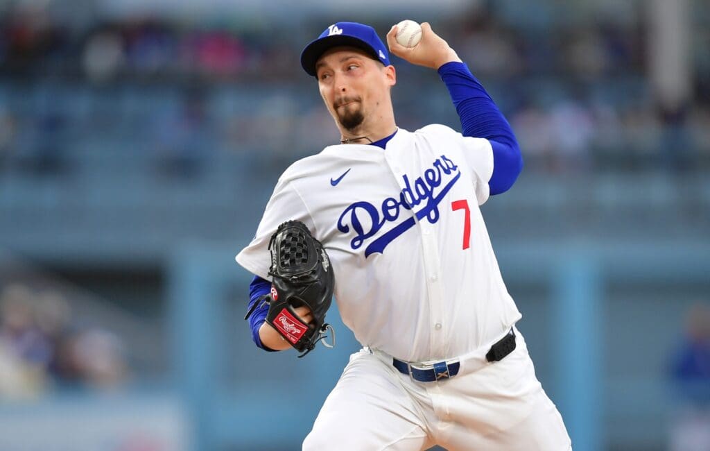 Apr 2, 2025; Los Angeles, California, USA; Los Angeles Dodgers pitcher Blake Snell (7) throws during the third inning against the Atlanta Braves at Dodger Stadium.