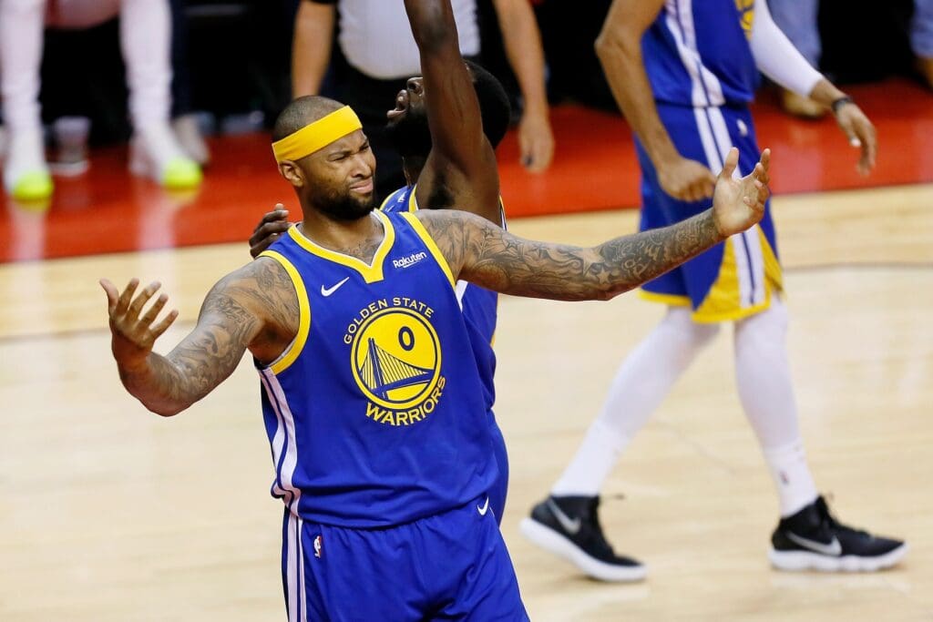 Jun 10, 2019; Toronto, Ontario, CAN; Golden State Warriors center DeMarcus Cousins (0) reacts to a call during the third quarter against the Toronto Raptors in game five of the 2019 NBA Finals at Scotiabank Arena.