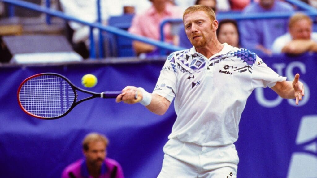Aug 1, 1993; New York City, New York, USA: FILE PHOTO; Boris Becker (DEU) hits a forehand groundstroke during the 1993 US Open at the USTA National Tennis Center.