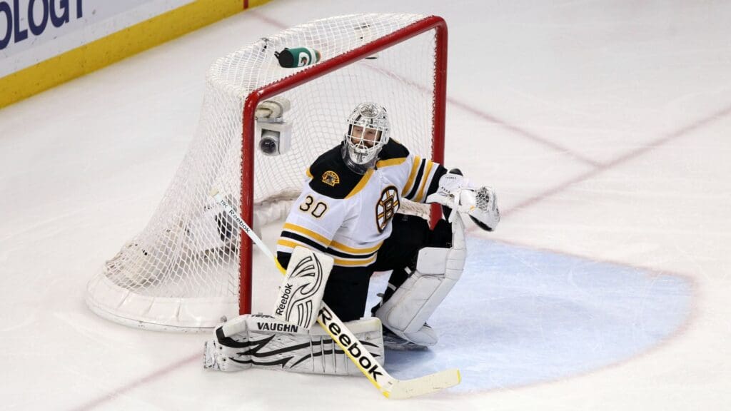 May 25, 2011; Tampa, FL, USA; Boston Bruins goalie Tim Thomas (30) during the third period in game six of the eastern conference finals of the 2011 Stanley Cup playoffs against the Tampa Bay Lightning at St. Pete Times Forum. Tampa Bay Lightning defeated the Boston Bruins 5-4