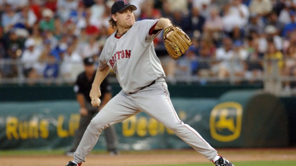 Aug 10, 2006; Kansas City, MO, USA: Boston Red Sox pitcher (38) Curt Schilling delivers a pitch in the first inning against the Kansas City Royals at Kauffman Stadium in Kansas City, MO.