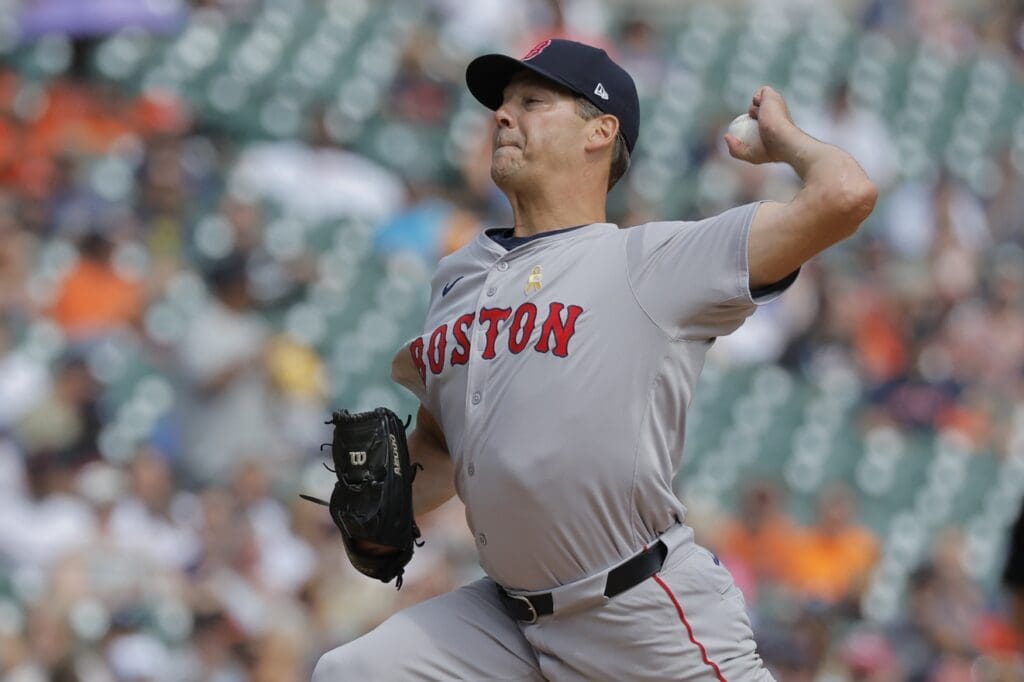 Sep 1, 2024; Detroit, Michigan, USA; Boston Red Sox pitcher Rich Hill (44) pitches in the fifth inning against the Detroit Tigers at Comerica Park.