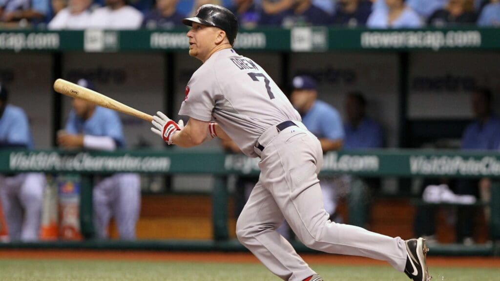 August 29, 2010; St. Petersburg, FL, USA; Boston Red Sox right fielder J.D. Drew (7) at bat during their game against the Tampa Bay Rays at Tropicana Field.