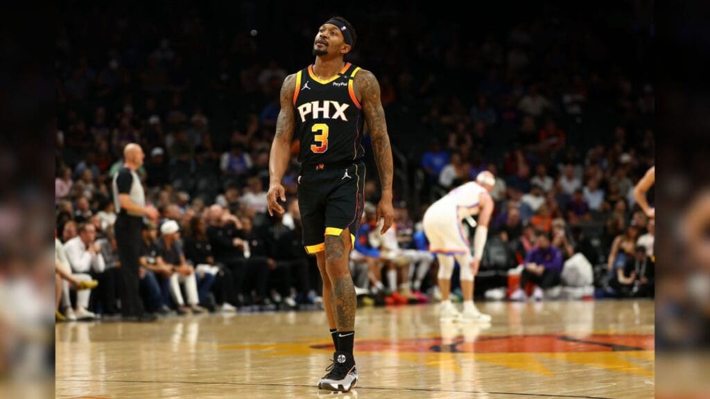 Apr 9, 2025; Phoenix, Arizona, USA; Phoenix Suns guard Bradley Beal (3) reacts against the Oklahoma City Thunder during the second half at Footprint Center.