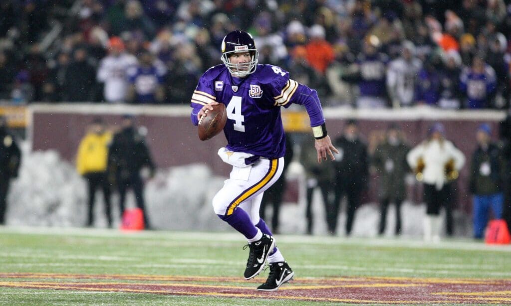 Dec 20, 2010; Minneapolis, MN, USA; Minnesota Vikings quarterback Brett Favre (4) during the first quarter against the Chicago Bears at TCF Bank Stadium. The Bears defeated the Vikings 40-14.