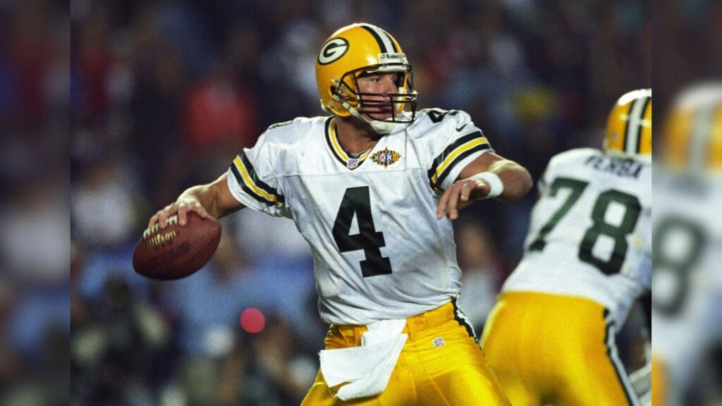 Jan 25, 1998; San Diego, CA, USA; FILE PHOTO; Green Bay Packers quarterback Brett Favre (4) in action against the Denver Broncos during Super Bowl XXXII at Qualcomm Stadium. The Broncos defeated the Packers 31-24.