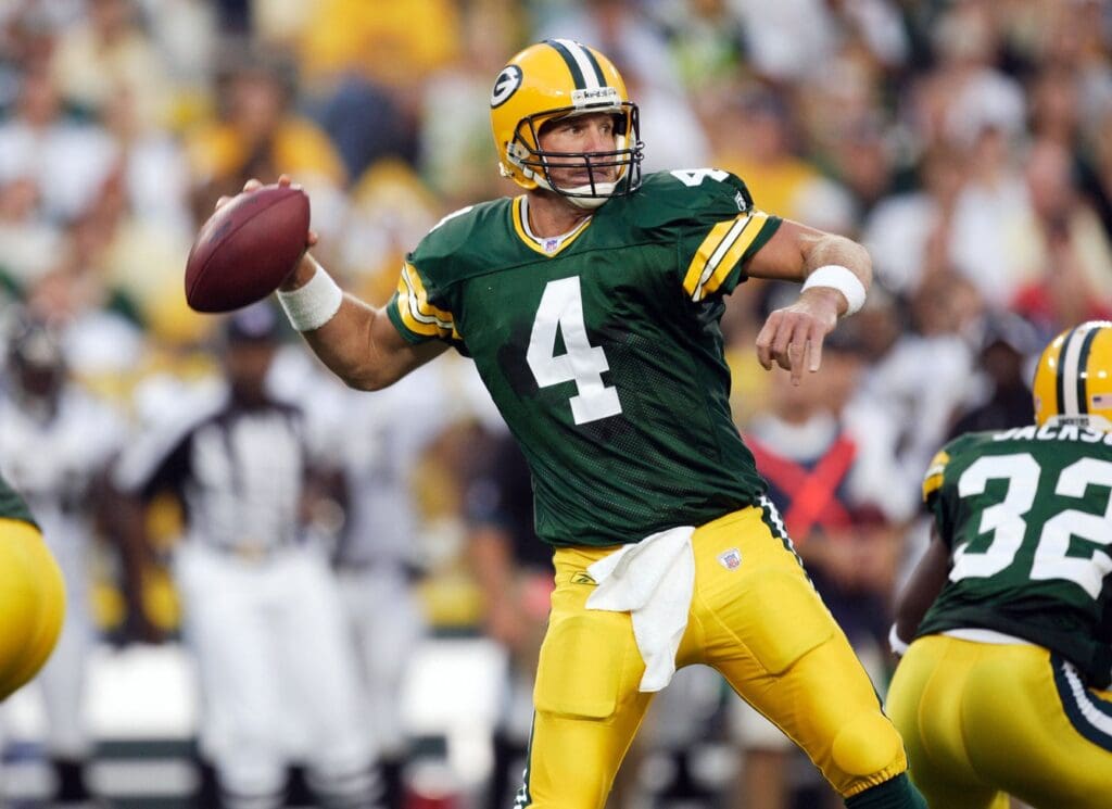 August 23, 2007; Green Bay, WI, USA; Green Bay Packers quarterback Brett Favre (4) throws a pass during the first quarter against the Jacksonville Jaguars at Lambeau Field.