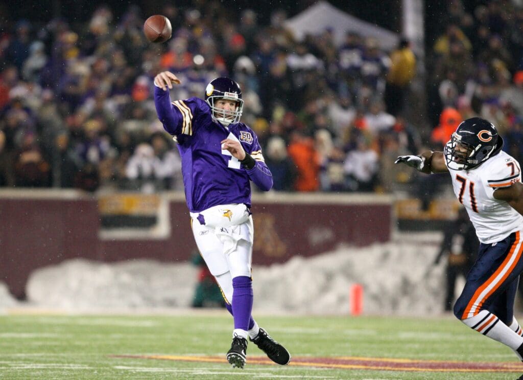 Dec 20, 2010; Minneapolis, MN, USA; Minnesota Vikings quarterback Brett Favre (4) during the first quarter against the Chicago Bears at TCF Bank Stadium.