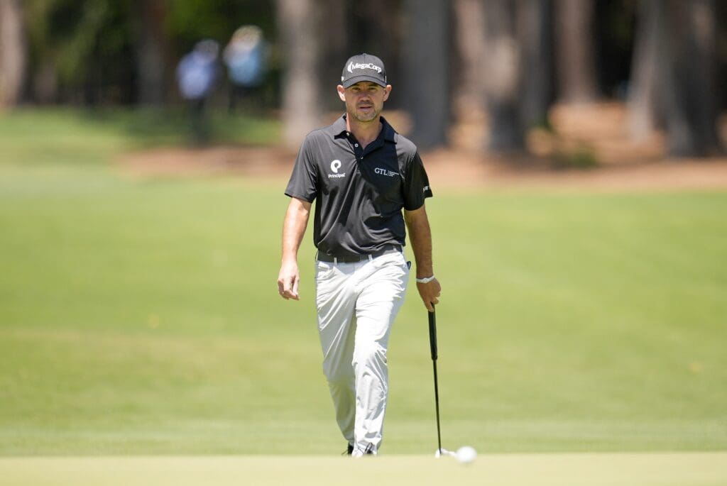 Apr 19, 2025; Hilton Head, South Carolina, USA; Brian Harman walks up two fairway during the third round of the RBC Heritage golf tournament.