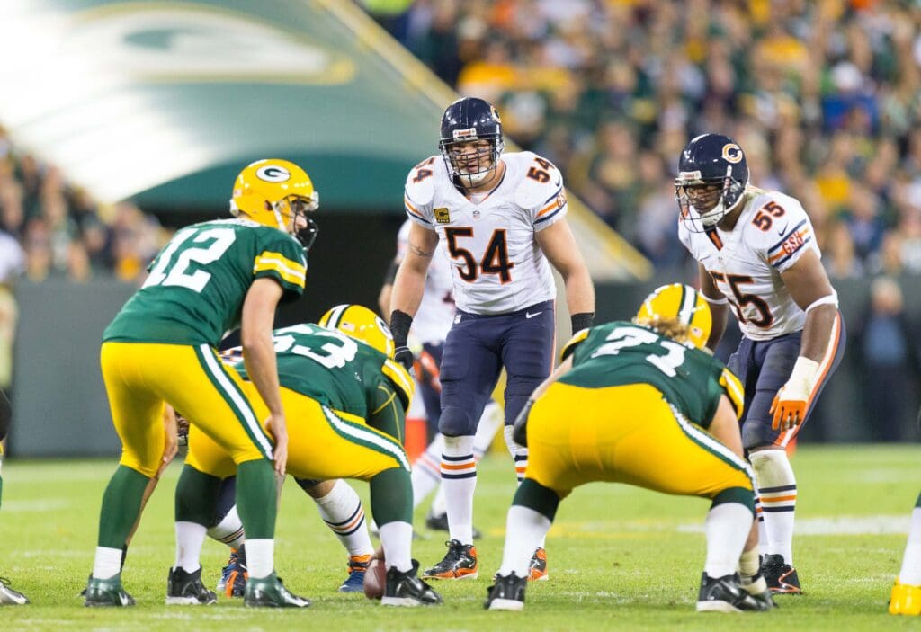 Sep 13, 2012; Green Bay, WI, USA; Chicago Bears linebacker Brian Urlacher (54) lines up for a play during the game against the Green Bay Packers at Lambeau Field. The Packers defeated the Bears 23-10. Mandatory Credit: Jeff Hanisch-USA TODAY Sports